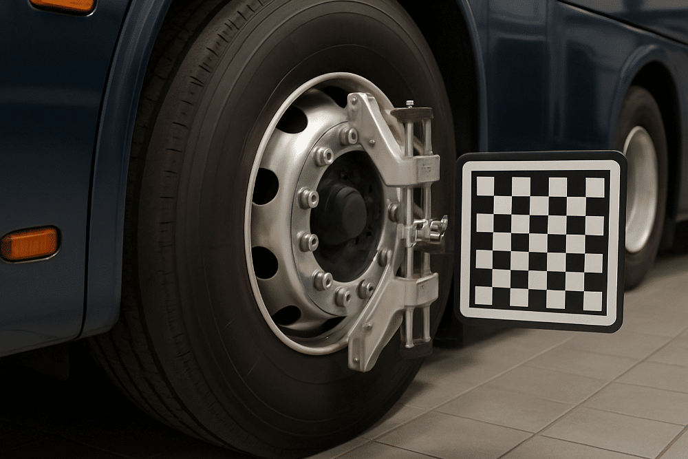 Truck Wheel Alignment in Steeleville IL at Mevert Automotive and Tire Center. Close-up of a truck wheel alignment service